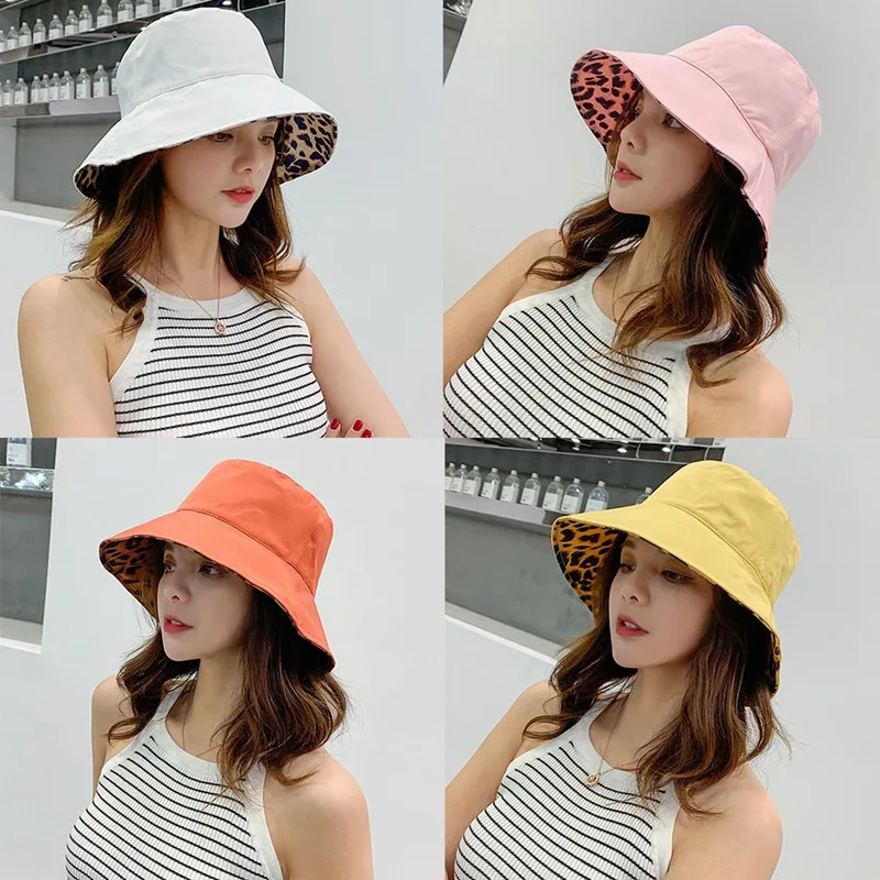 Women Leopard Print Bucket Comfortable Breathe Foldable Men Beach Flat Top Sun Fishing Hat High Quality Flat Panama Hat Street cheap bucket hats