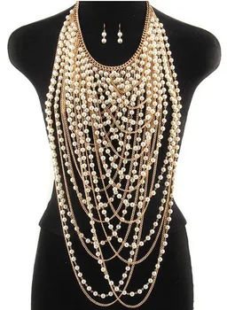 

Multi-layered Pearl Breast Bra Body Chain Metal Alloy Silver Gold Strap Necklace Choker for Women Cocktail Party Body Jewelry