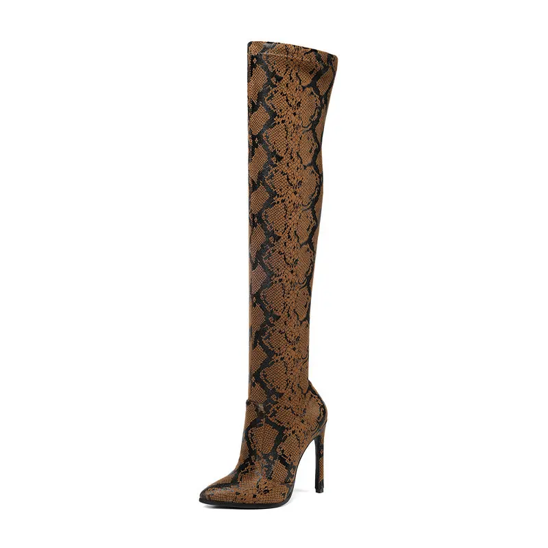 Eokkar/ г. Модные женские сапоги до бедра со змеиным принтом ботфорты на высоком каблуке-шпильке 9 см модельные туфли размеры 34-43