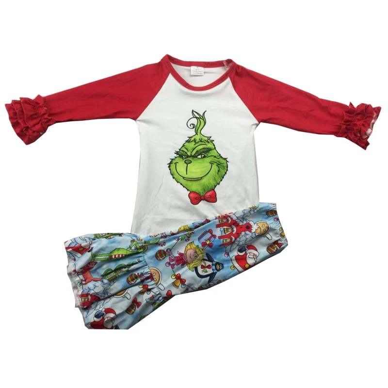 

kids girl christmas icing sleeve cartoon bell bottom outfits girls grinch printed clothing set