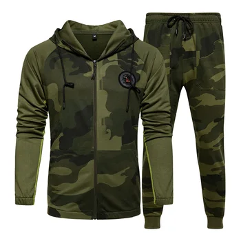 

2020 Spring and Autumn Sports Suit European and American Cross-Border Two-Piece Men's Stitching Hooded Camouflage Suit Sports