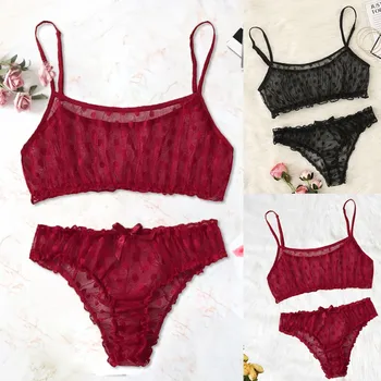 

Sleepwear 2019Top New Women Sexy Dot Mesh Bra Bowknot Underpants Sleepwear Black Lingerie Set S-XL New Fashion Underwear Tops