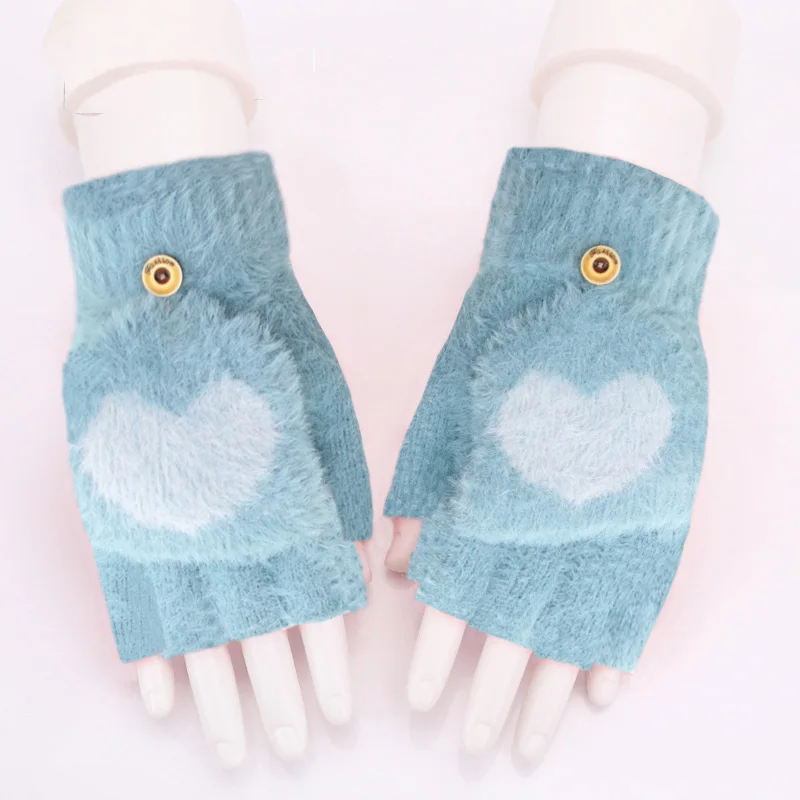 Для женщин вязанные перчатки-Митенки на зиму, теплый, для женщин розового цвета с сердечком и шерстяные перчатки без пальцев Варежки женский ручной рукавицы - Цвет: Blue