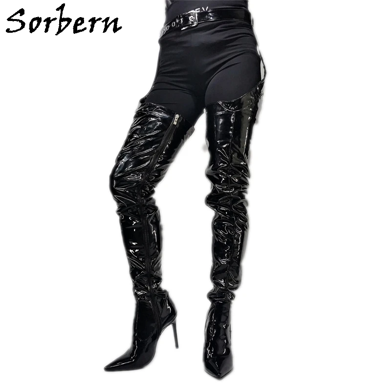 

Sorbern Black Mid Thigh High Boots Women With Belt High Heel Pointed Toe Stilettos Customized Slim Fit Ladies Boot Female Shoes