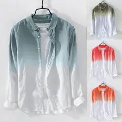 2019 мужские рубашки летняя мода воротник с отворотом Висячие окрашенные градиентные крутые тонкие дышащие хлопковые льняные блузки