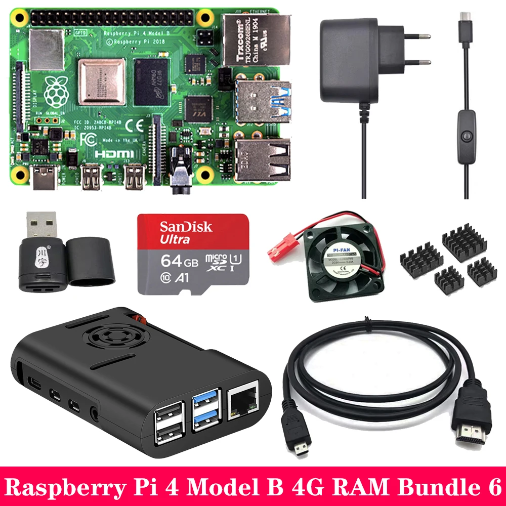 Raspberry Pi 4 Модель B 2G 4G ram+ ABS чехол+ вентилятор охлаждения+ блок питания зарядное устройство+ алюминиевый радиатор для Raspberry Pi 4 Модель B