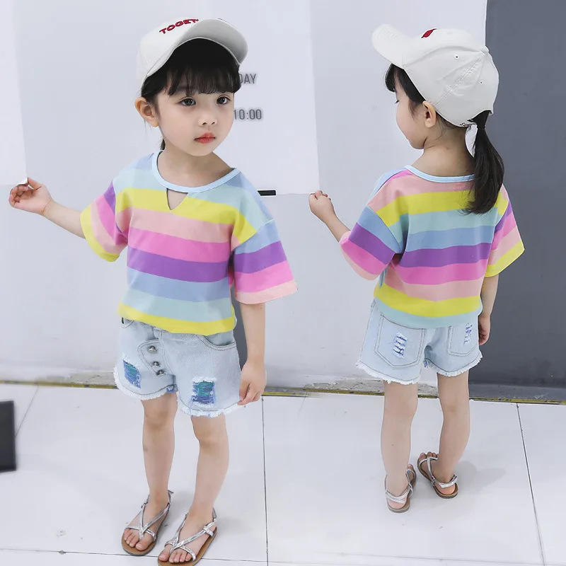 

Girl'S Suit 2019 Summer New Style Baby Girls Western Style Short Sleeve Shorts GIRL'S Rainbow T-shirt Two-Piece Set