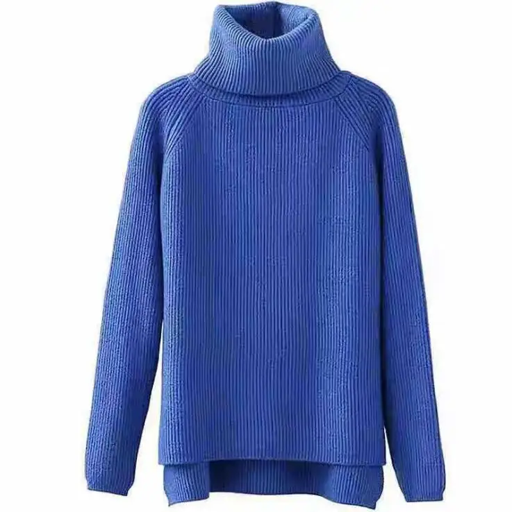 Женский однотонный пуловер с высоким воротом в рубчик, свитер, большие размеры, женский корейский стиль, свободные толстые пуловеры, осенне-зимние топы Q9100 - Цвет: Синий
