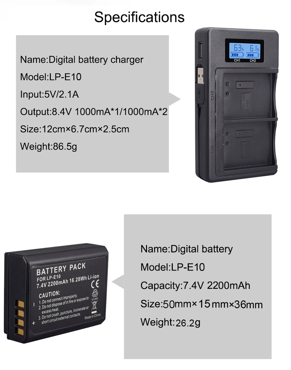 Для Canon 2 шт. LP-E10 батареи+ ЖК-дисплей USB двойное зарядное устройство Замена LP E10 LPE10 EOS 1100D 1200D 4000D Kiss X50 X70