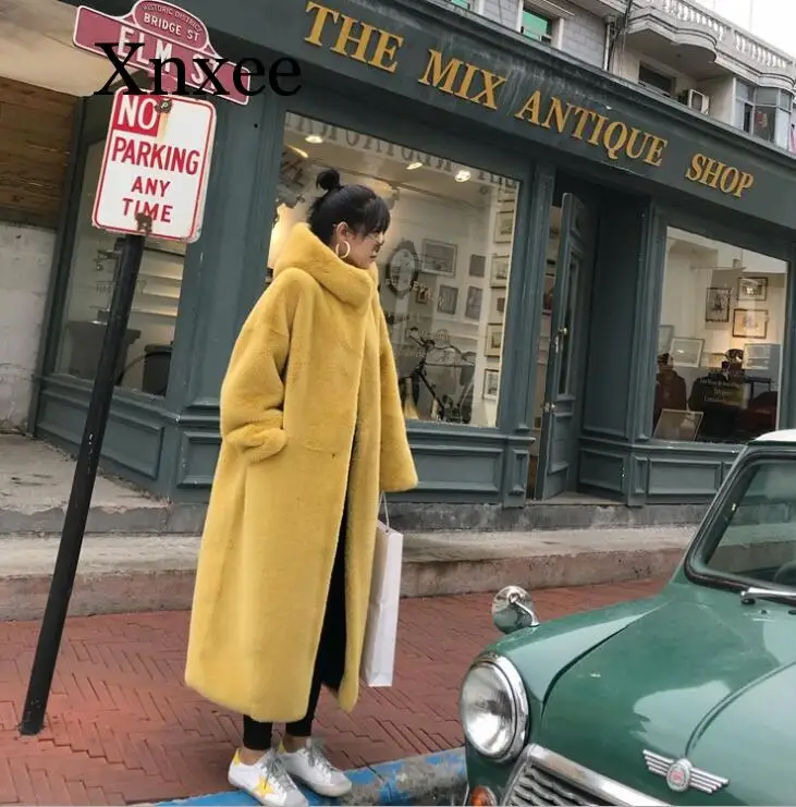 Winter Coat Real Teddy Fur Coats Women Beige Long Sleeve Fur Jackets Women clothing  Elegant Solid Pockets Longer Female Ladies
