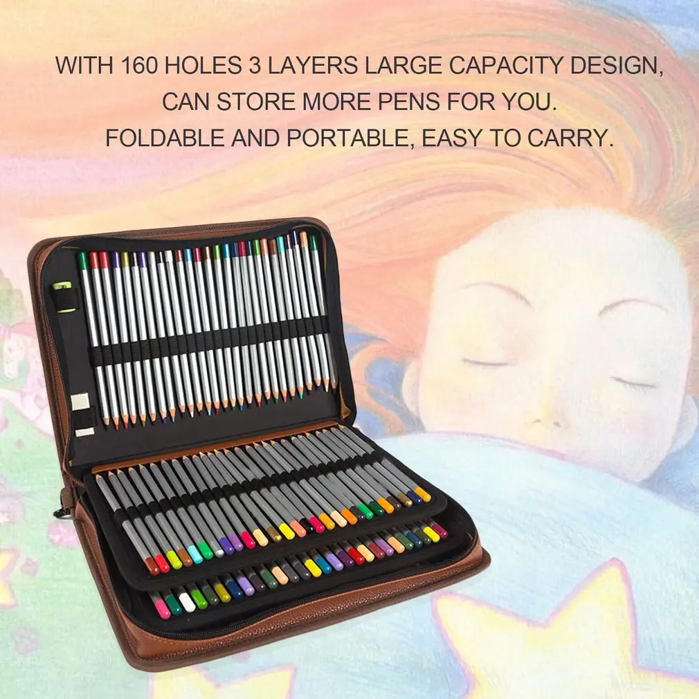 

4 Layers 160 Holes Portable PU Leather Pencil Case Pen Bag With Strap Large Capacity Students Drawing Painting Art Tools
