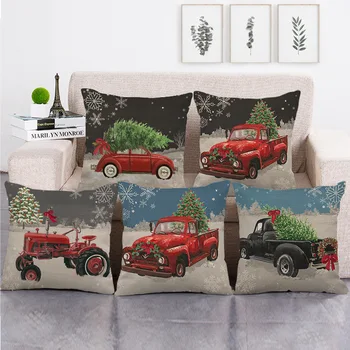 

2020 Xmas Throw Pillow Covers Truck and Tree Merry Christmas Tree Pattern Linen Pillowcase Cushion New Year Decoration 45x45 Cm