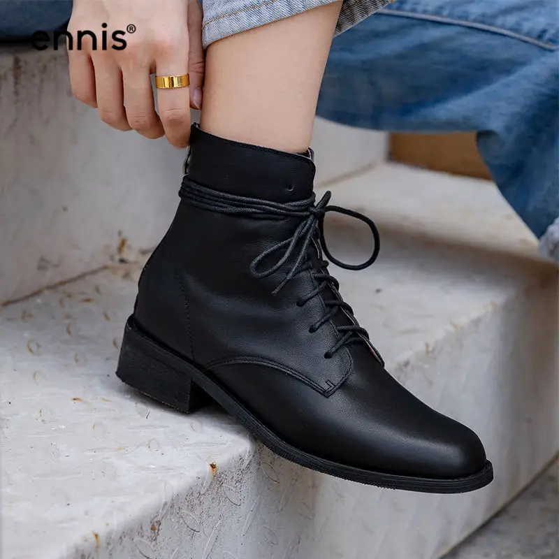 

ENNIS Low Heel Boots Women Genuine Leather Ankle Boots White Lace Up Boots Back Zipper Female Shoes Brown Autumn Winter A0026
