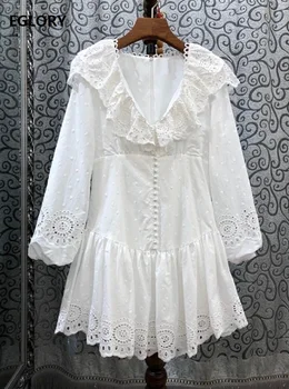 

Bohemian Beach Dress 2020 Summer Style Women V-Neck Hollow Out Embroidery Tunic Button Deco Long Sleeve Casual White Dress Mini