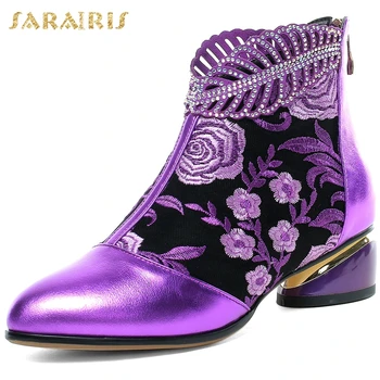 

Sarairis 2020 Genuine Cow Leather Hot Sale Chunky Heels Ankle Boots Woman Shoes Zip Up Embroidery Shoes Women Boots