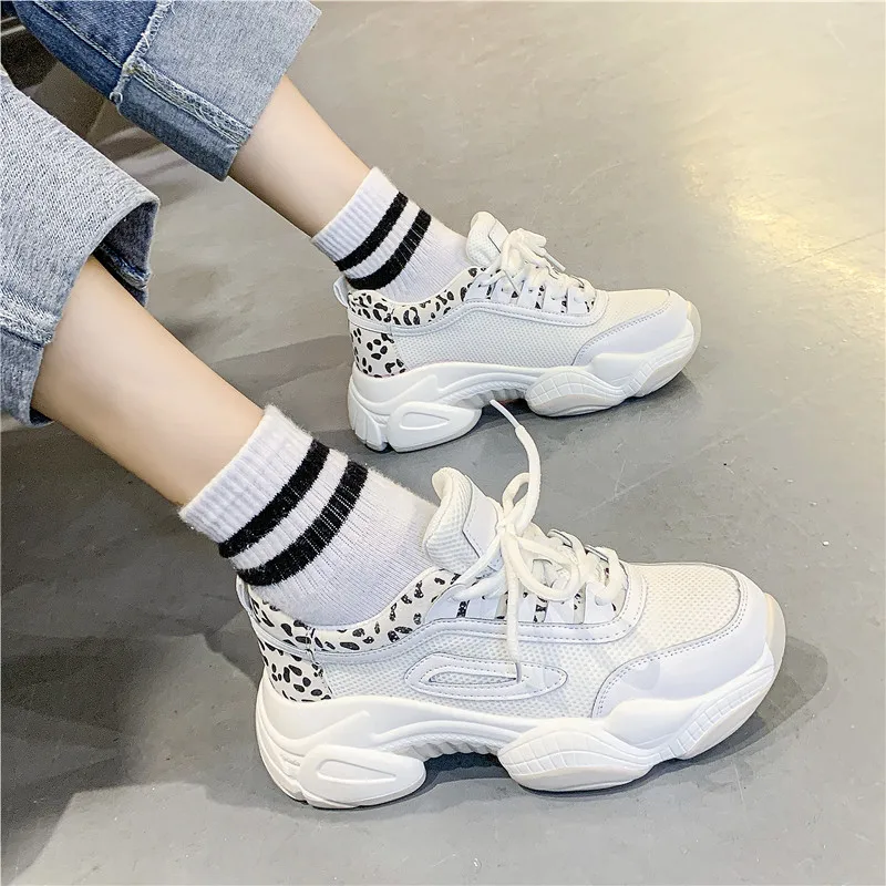 

Leopard Sneakers Women Breathable Thick Sole Sneakers Women Casual Shoes Chunky Trainers Women Dad Shoes Ladies 2020