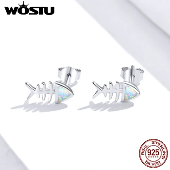 

WOSTU Fish Bone Opal Stud Earrings 925 Sterling Silver For Women Wedding Small Simple Earrings Lovely Silver Jewelry FIE857