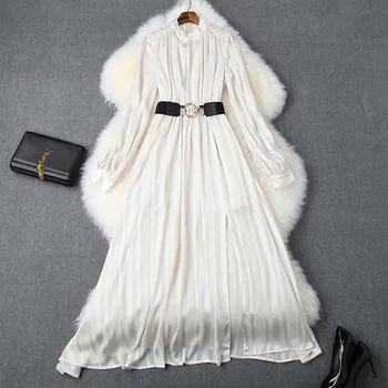 

Women Long Sleeved Dress Autumn 2019 New Stand Collar Beading Chiffon Elastic Waist Slim Belted Solid Color Split Dress Long