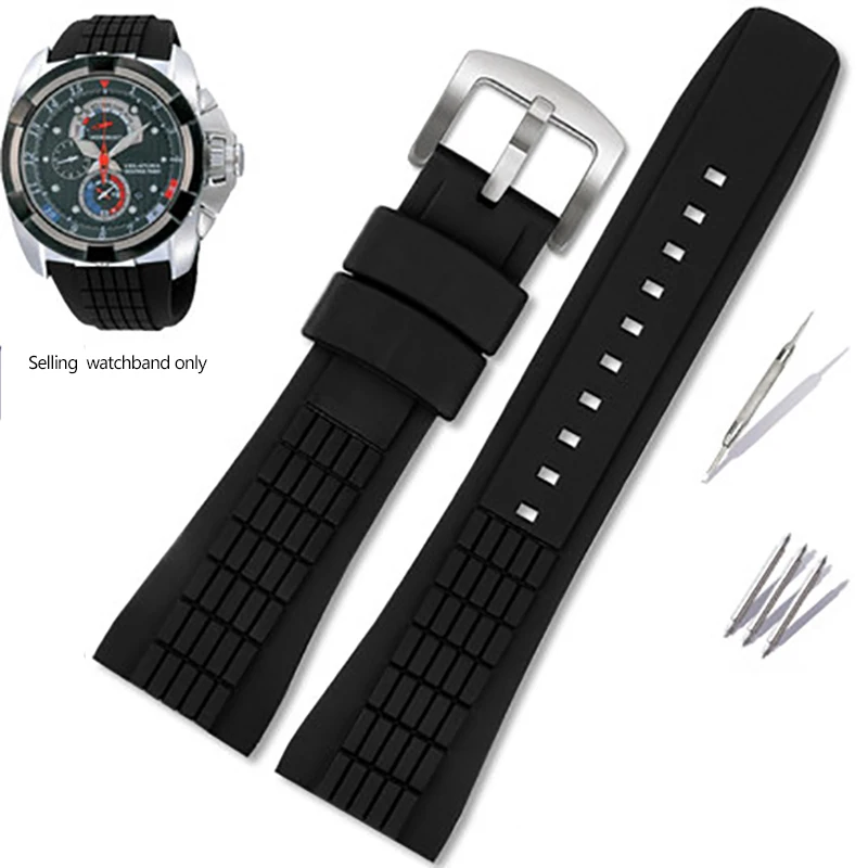Enhanced Black Silicone Waterproof Sports Watch Band with Stainless Steel Buckle - 26mm Width