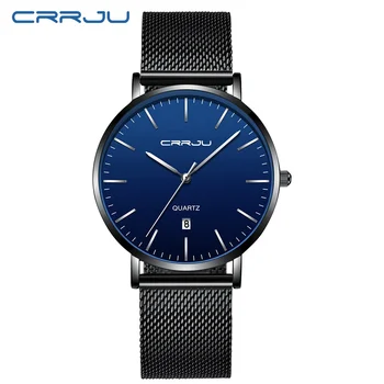 

Unisex Gift Quartz Watches CRRJU Men Sport Date Clock Mens Blue Dial Mesh Watches Ultra Thin Casual Watch Relogio Masculino