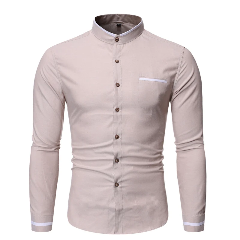 Модные брендовые Дизайнерские мужские рубашки с воротником-стойкой и длинным рукавом, Корейская приталенная уличная одежда, повседневная мужская одежда - Цвет: Бежевый