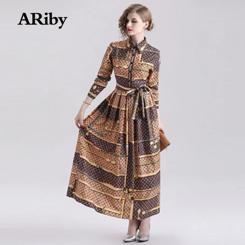 ARiby приталенное платье для похудения осень 2019 новое ретро с принтом модное