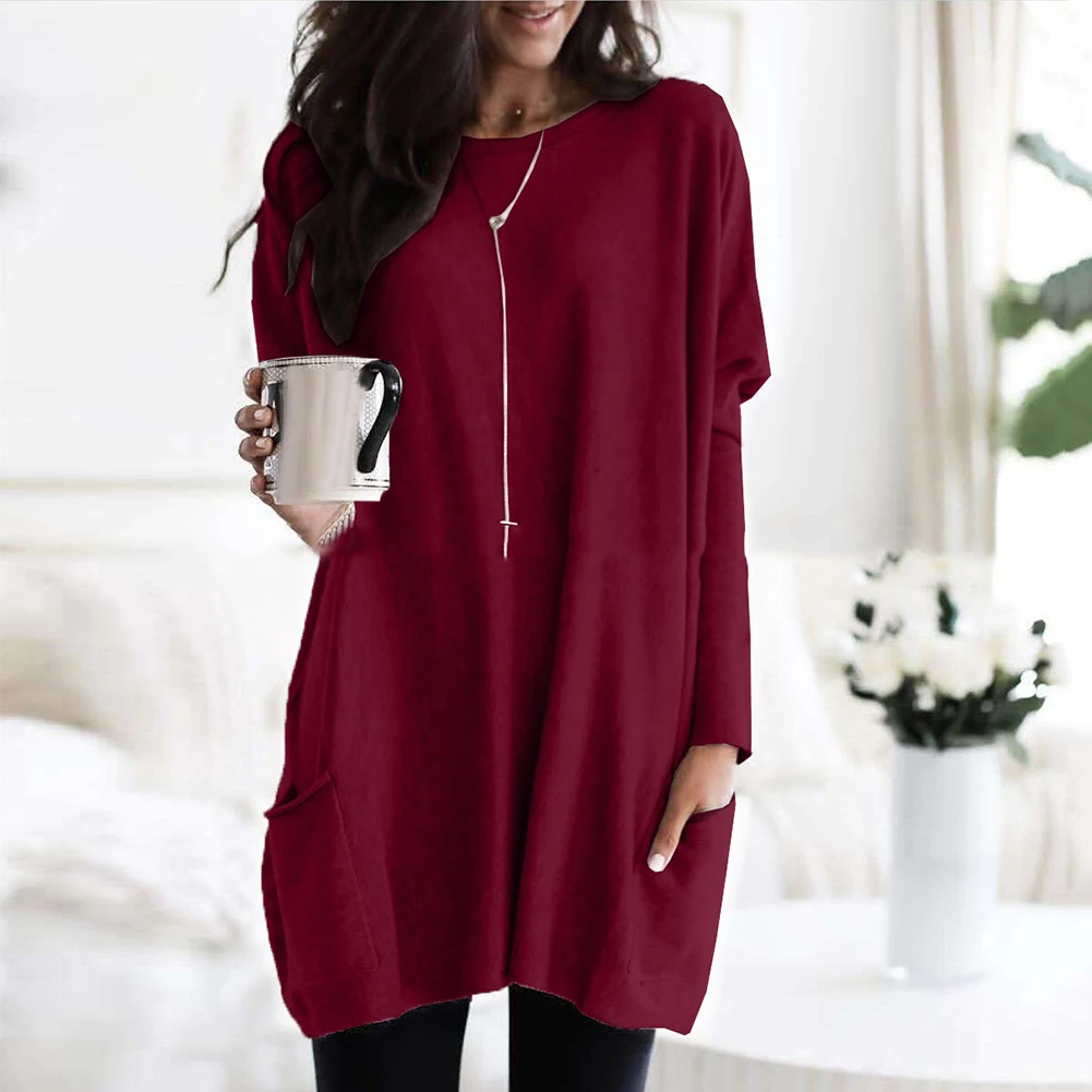 Women Long Sleeve Round Neck Pullover Loose Solid Color Pocketed Tunic Top white blouse for women