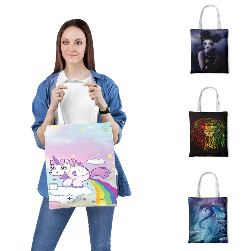 

Unicorn Printed Ladies Handbags Canvas Tote Bag Cloth Shoulder Shopper Bags for Women Eco Foldable Reusable Shopping Bags