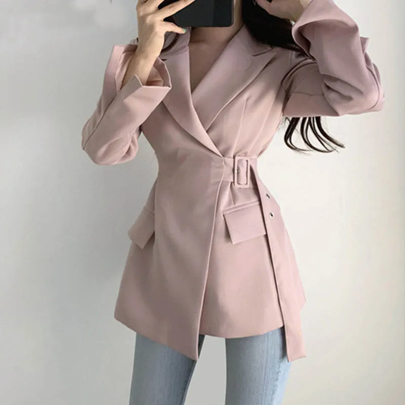 

Women Notched Collar Work Office Blazers Coat Female Chic With Belt Blazer Outwear Spring-Autumn Long Suits Jackets