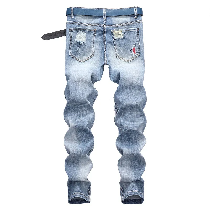 Patchwork Jeans Men s Straight Ripped Jeans Men Chic Motorcycle Denim ...