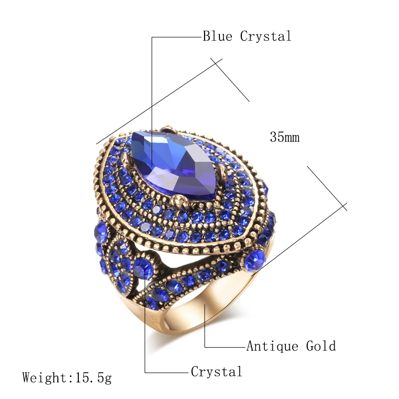 Womens Ring Kinel Luxury Antique Vintage Look AAA Crystal Boho Gold Color Charm Ethnic Wedding