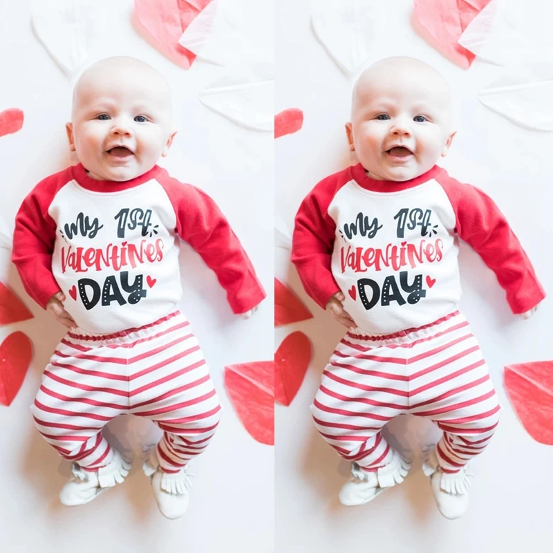 

Happy 1st Valentine Day Clothes Baby Outfits Jumpsuit Newborn Girls Boys Letter Print Bodysuit+Striped Pants Trousers+Hats Set