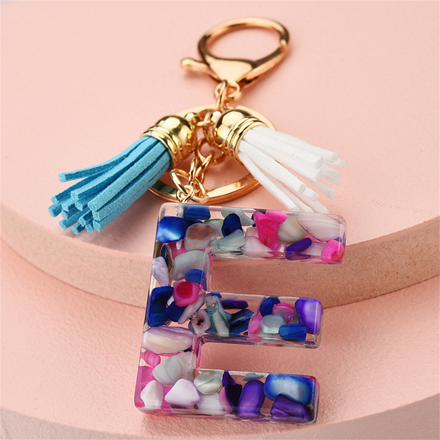 Women Keychains 26 Glitter Hollowed-out Words Handbag Tassel English Letter Keyring with Puffer Ball Charms Free Shipping