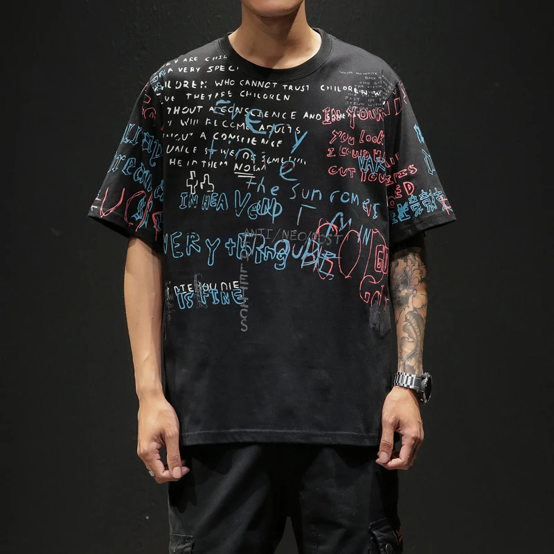 

2019 Summer Men's New Casual Solid Color Letter Printing Round Neck T Shirt Loose Temperament Trend Cotton Harajuku M-3XL