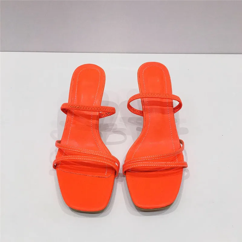 Разноцветные женские босоножки; шлепанцы без задника с открытым носком; туфли-лодочки на среднем каблуке без застежки; Повседневные тапочки с узкими лентами; цвет оранжевый; размер 40 - Цвет: Orange