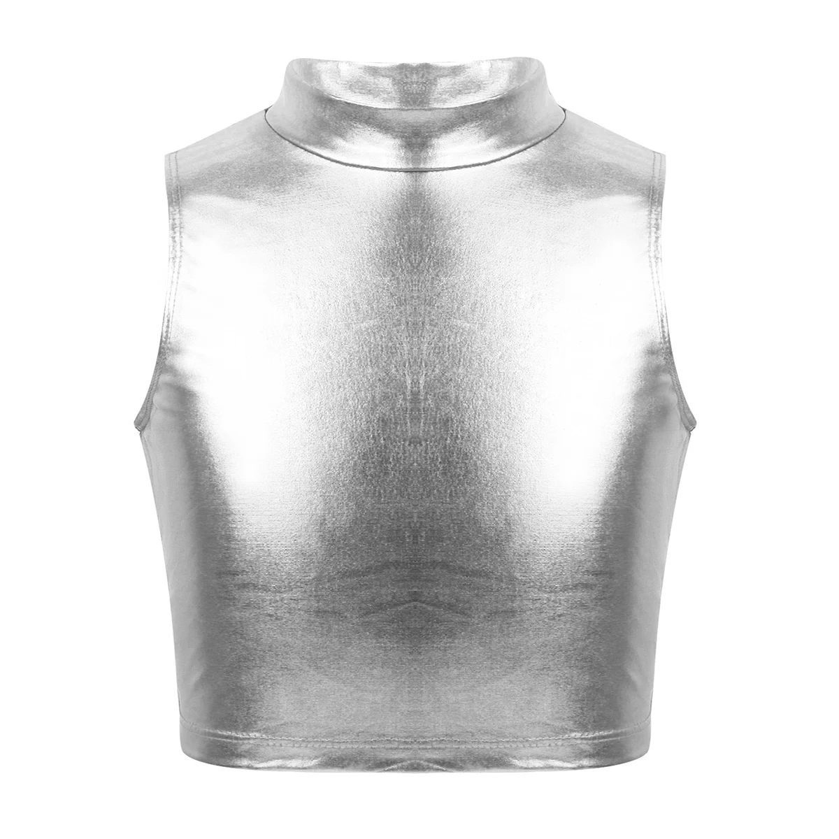 

Kids Girls Shiny Metallic Sleeveless Turtleneck Tank Tops Camisoles Ballet Jazz Modern Dance Stage Performance Costume Dancewear