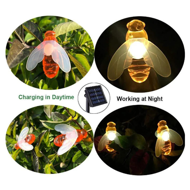 Solar Lamps Garden 20LED Bee Light String Led Garland Christmas Lights Fairy Bee String Light Waterproof Outdoor For Garden (3)