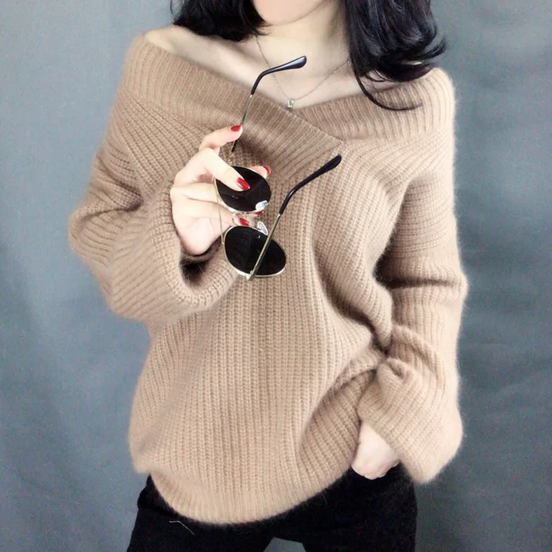 

New Women V Neck Solid Color Loose Design Sweater Korean Chic Long Sleeve Autumn Winter Knitted Tops