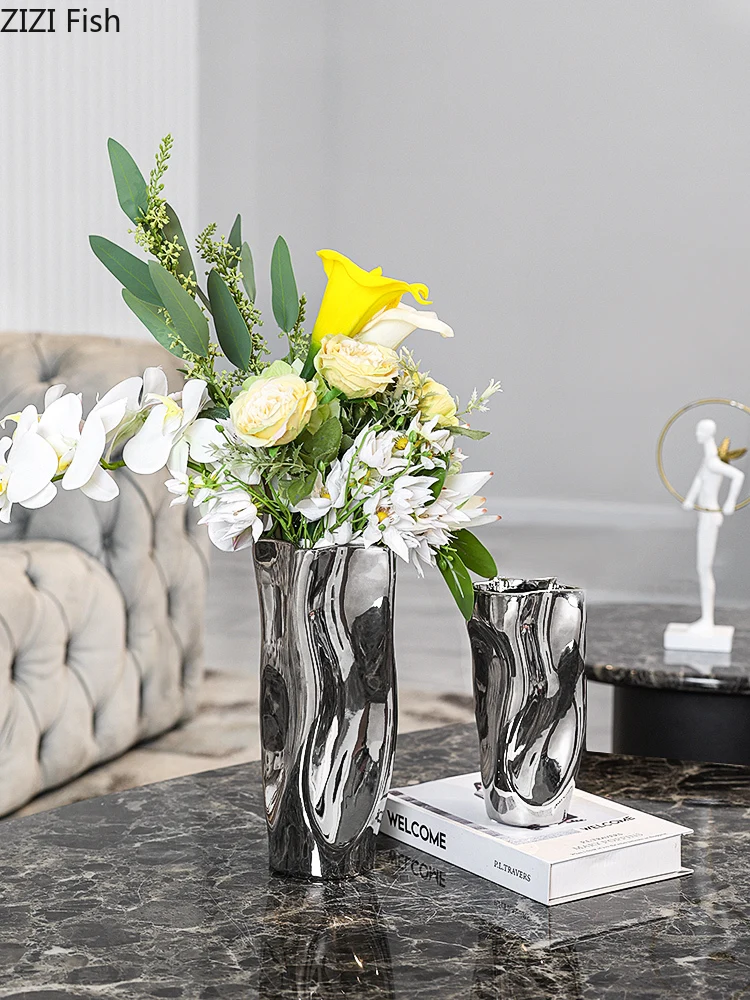Ceramic Vase Silver Flower Vase Mirror Surface Warped Abstract Flower Arrangement Ceramic Bottle Home Decoration Ornaments 3