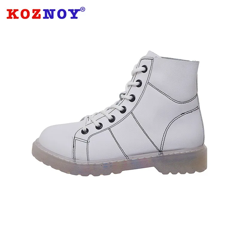 

Koznoy Women Boots Spring Autumn Fashion Flat Bottom Dropshipping Breathable Solid Rubber Cross Tied Lace Low Heel Women Boots