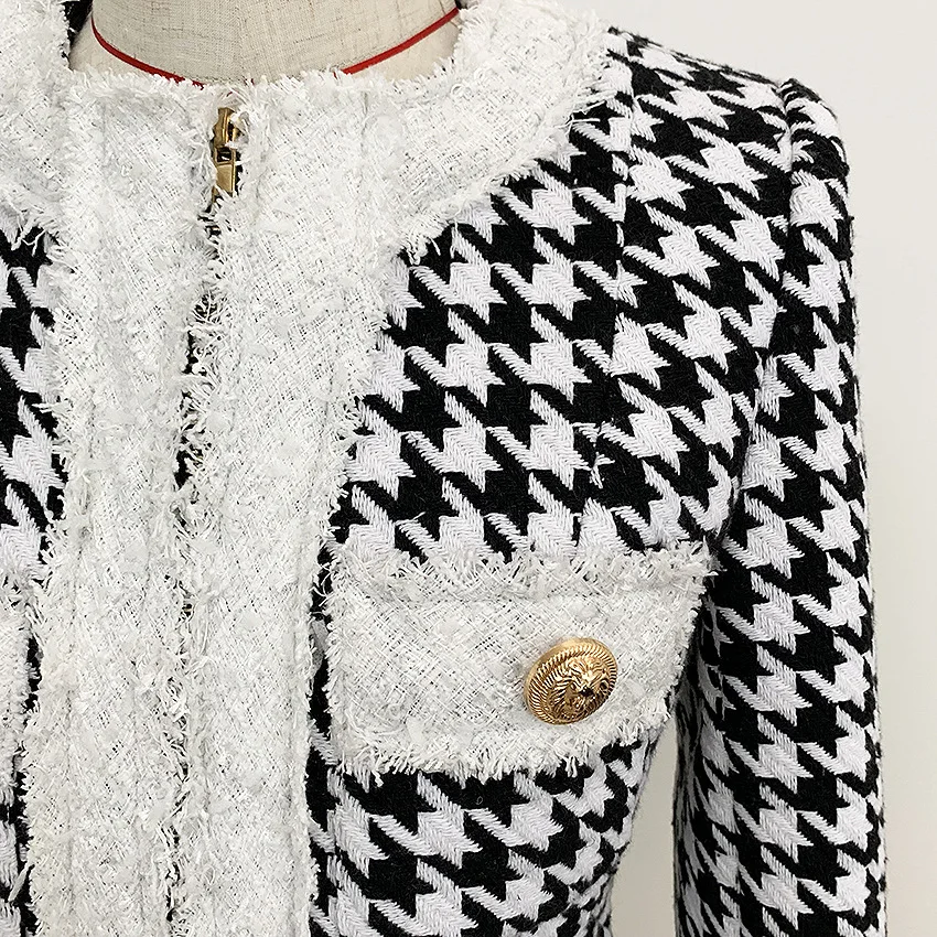 Высокое качество осень-зима "гусиные лапки" дизайн Винтаж твидовая куртка Для женщин и застежке-«молния» с кисточкой короткие облегающие куртки/пальто; женская верхняя одежда