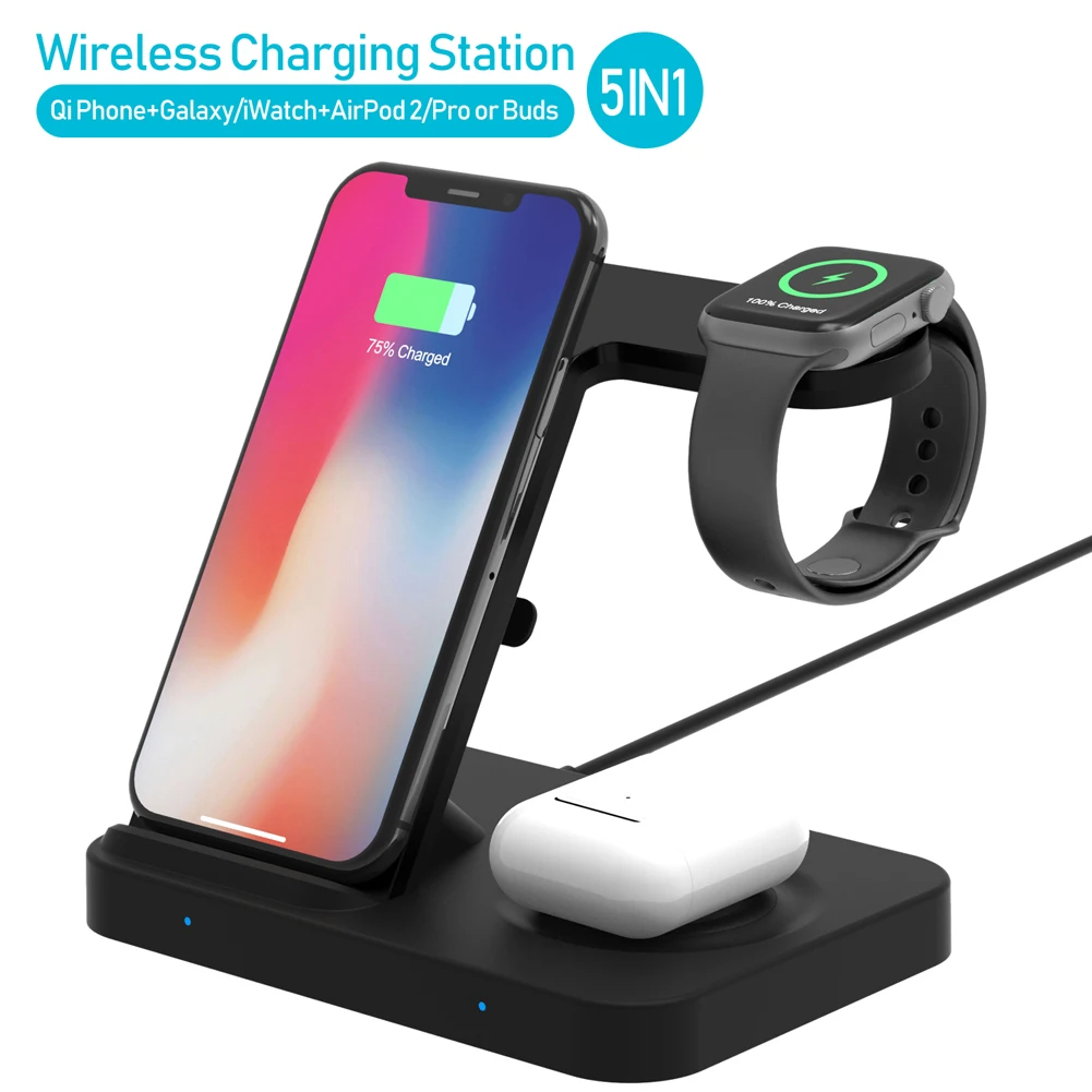 Carregador sem Fio Doca de Carregamento sem Fio 5 em 1 Suporte de Carregamento para Iphone11 Rápido Estação xs Apple Relógio Airpods Pro 7.5w 10 qi 8 Suporte p/ celulares