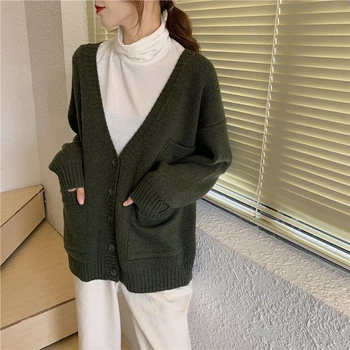 

Ailegogo Spring Women V-neck Cardigans Casual Single Breasted Loose Fit Knitted Sweater Solid Color Pocket Knitwear Tops