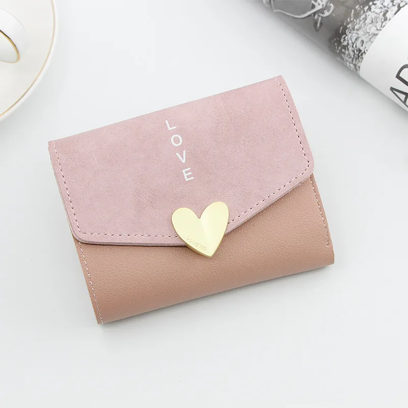 Милый женский кошелек, короткий, в форме сердца, маленький, три сложения, большая емкость, короткий кошелек, Элегантный женский студенческий кошелёк для монет - Цвет: pink