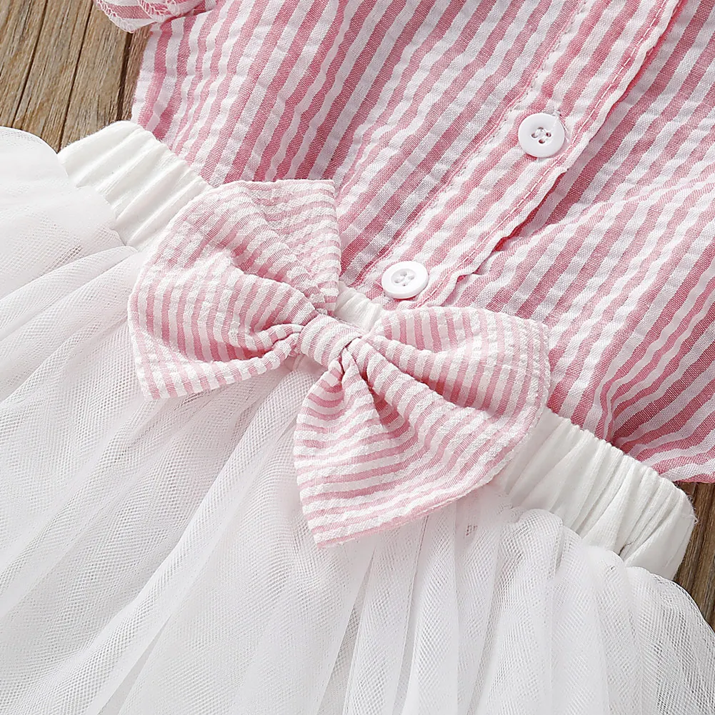 2PCS Set Girls Kids Baby girl striped Ruffle sleeveless Tops+ Lace Tulle Skirt Outfits Clothes set