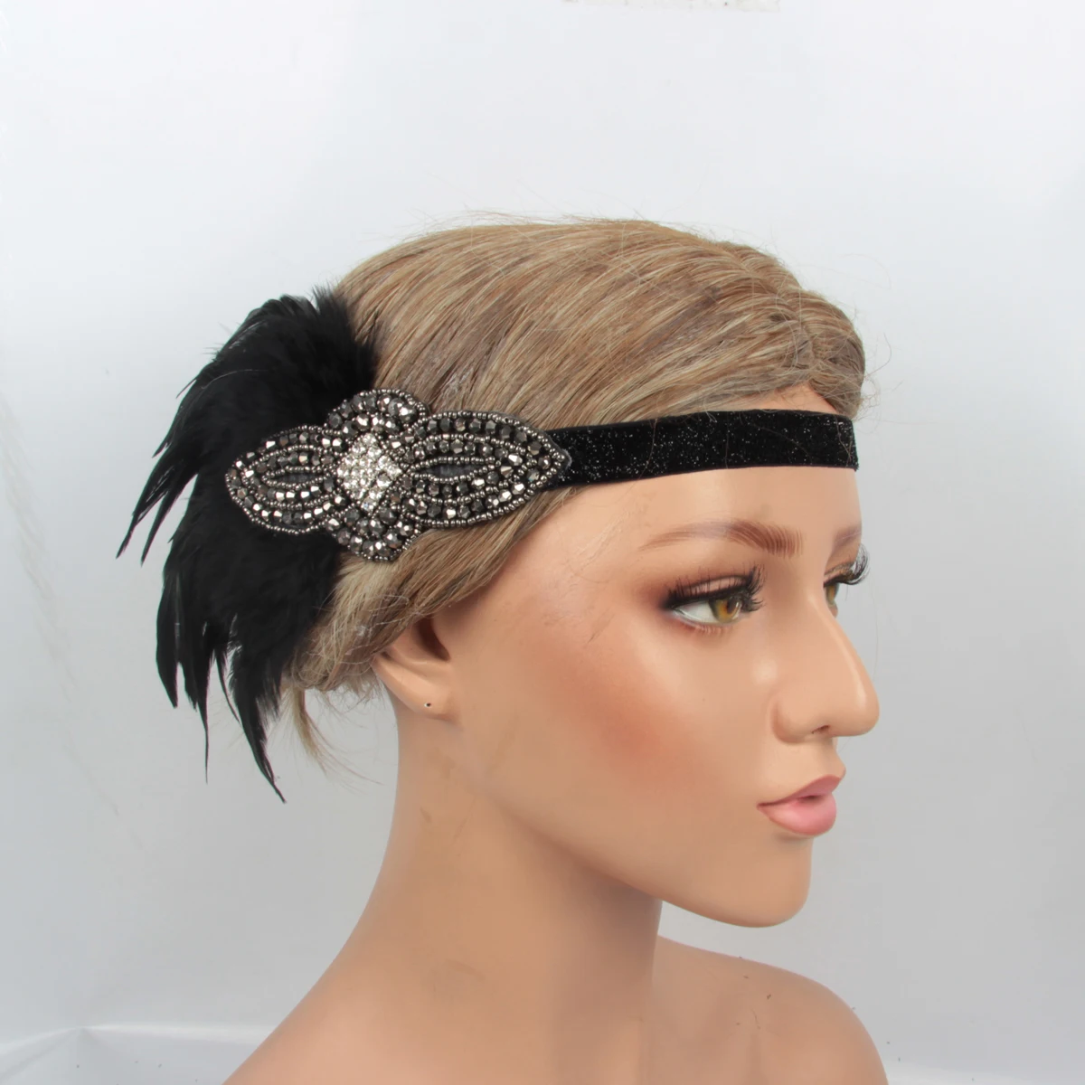 Гетсби для волос, аксессуары, белые Кристальные стразы, вечерние, черные перья, резинки для волос для женщин, оригинальная ручная работа