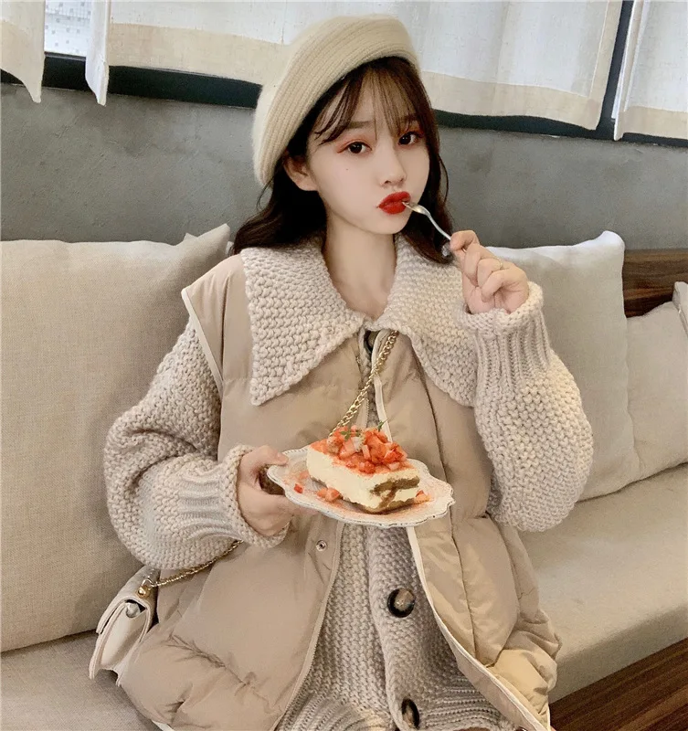

Photo Shoot 2020 New Style Korean-style Loose-Fit Peter Pan Collar Solid Color Sweater + Versatile Cotton-padded Clothes Waistco