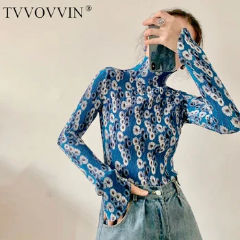 

Fashion Tight Pleated Printed Turtleneck Bottoming Shirt Women 2020 Long-sleeved Shirt Women Mesh Sexy Blouse Fold A016