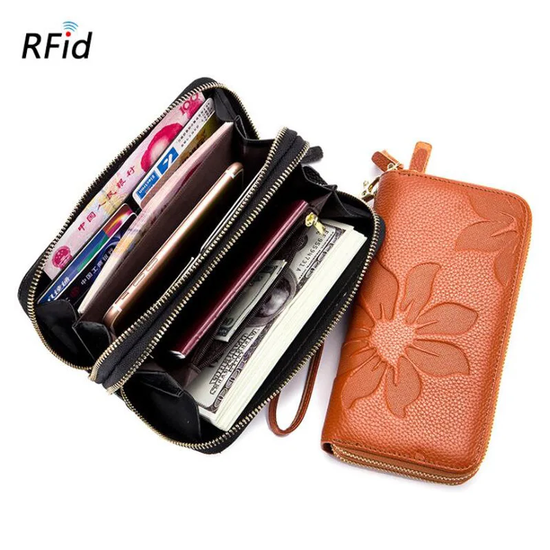 

Western Cow Leather Rfid Flower Print Double Zipper Long Women Wallet Fashion Large Capacity Genuine Leather Women Coin Purse