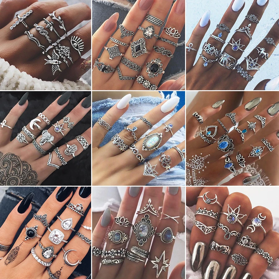 

Vintage Crystal Finger Rings Set for Women Bohemian Moon Geometric Knuckle Ring Set Boho Party Anel Anillos Mujer Jewelry 2019